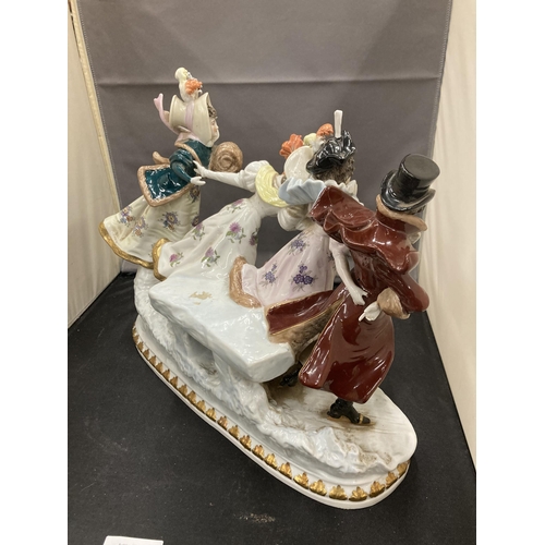 20 - A CONTINENTAL PORCELAIN FIGURE OF THREE LADIES AND A GENT IN A WINTER SCENE