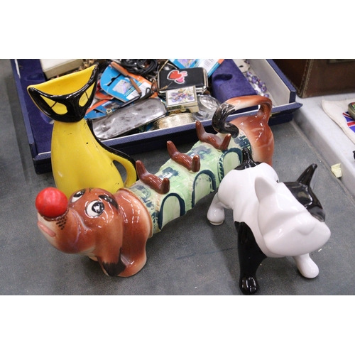 220 - THREE CERAMIC ANIMAL FIGURES TO INCLUDE A RETRO CAT, SAUSAGE DOG AND BULLDOG