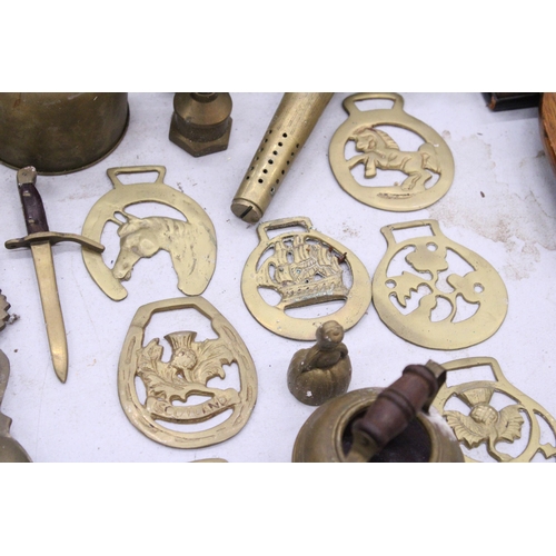 231 - A COLLECTION OF BRASSWARE TO INCLUDE HORSE BRASSES, CANDLESTICKS, ETC