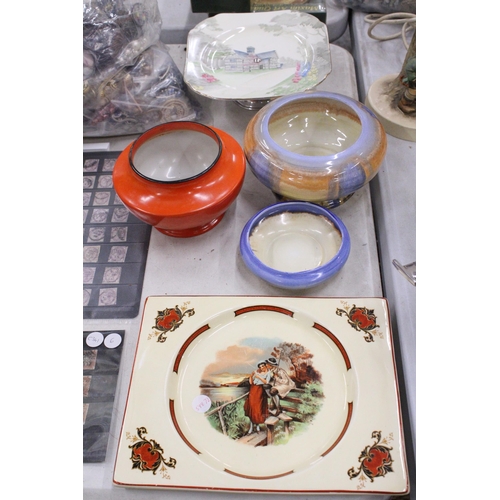 261 - FOUR PIECES OF VINTAGE SHELLEY TO INCLUDE AN ORANGE BOWL AND FOOTED CAKE PLATE, PLUS A ROYAL STAFFOR... 