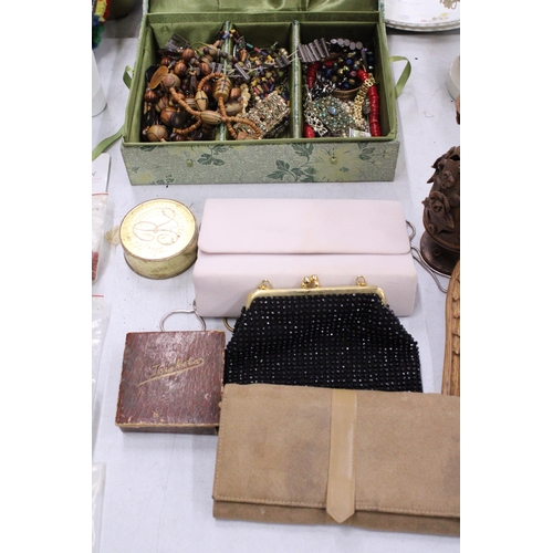 275 - A QUANTITY OF COSTUME JEWELLERY IN A FLORAL BOX TO INCLUDE NECKLAES, BRACELETS, BROOCHES, ETC PLUS E... 