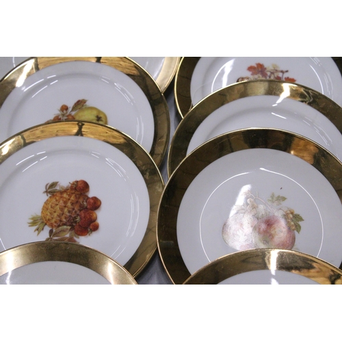 285 - THIRTEEN GILT RIMMED PLATES WITH FRUIT PATTERN DESIGN TO THE CENTRE