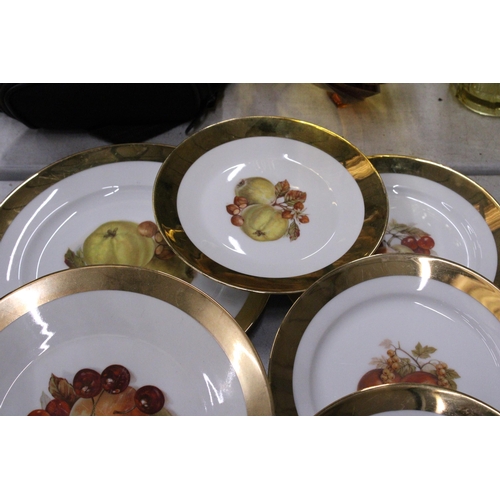 285 - THIRTEEN GILT RIMMED PLATES WITH FRUIT PATTERN DESIGN TO THE CENTRE