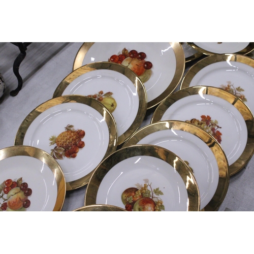 285 - THIRTEEN GILT RIMMED PLATES WITH FRUIT PATTERN DESIGN TO THE CENTRE