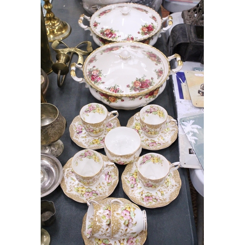 299 - FIVE ROYAL ALBERT 'LOVELACE' CUPS AND SAUCERS, A SUGAR BOWL AND EXTRA CUP, PLUS TWO ROYAL ALBERT 'OL... 