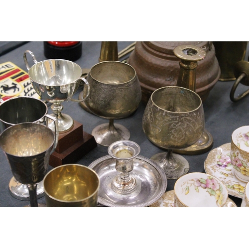 300 - A QUANTITY OF BRASSWARE, ETC TO INCLUDE A PAIR OF WALL SCONCES, A LARGE TRENCH ART VASE, CANDLEABRA,... 