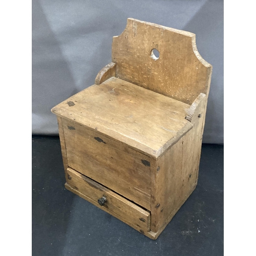 33 - A RUSTIC 19TH CENTURY SALT AND SPICE BOX WITH SPICE SPPON AND PASTRY WHEEL