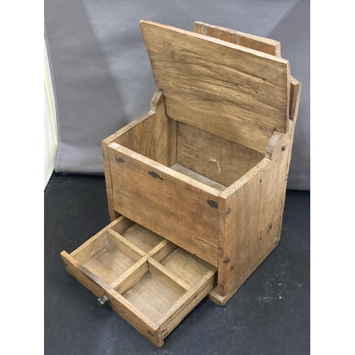 33 - A RUSTIC 19TH CENTURY SALT AND SPICE BOX WITH SPICE SPPON AND PASTRY WHEEL