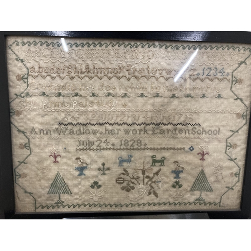 37 - TWO FRAMED VINTAGE EMBROIDERED SAMPLERS ONE ANN WADLOW LARDON SCHOOL JULY 24.1828 AND A FURTHER ANN ... 