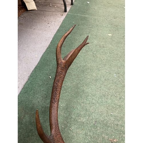 42 - A PAIR OF ANTLERS ON A WOODEN PLAQUE