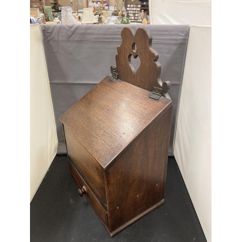 43 - A CIRCA 1800 WELSH GEORGIAN MAHOGANY SALT BOX WITH LOWER DRAWER, HEIGHT APPROX 39CM