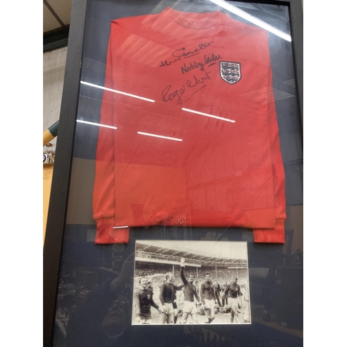 48 - A FRAMED ENGLAND 1966 REPLICA SHIRT SIGNED BY JACKIE CHARLTON, NOBBY STILES AND ROGER HUNT. VENDOR S... 