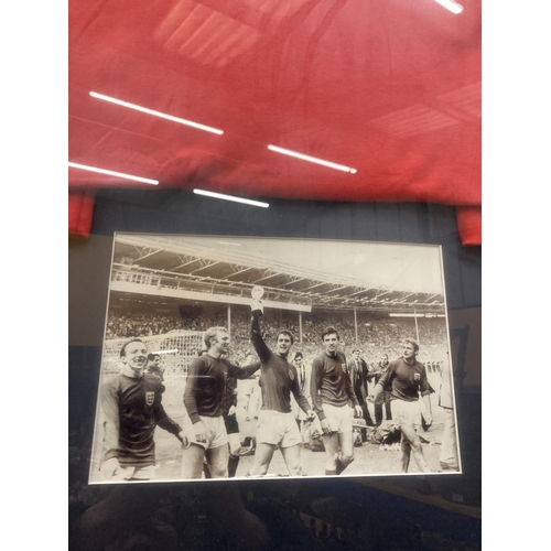 48 - A FRAMED ENGLAND 1966 REPLICA SHIRT SIGNED BY JACKIE CHARLTON, NOBBY STILES AND ROGER HUNT. VENDOR S... 