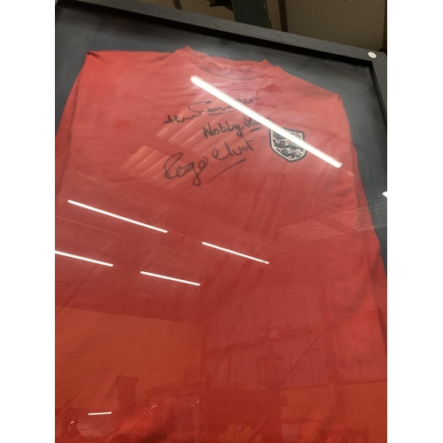 48 - A FRAMED ENGLAND 1966 REPLICA SHIRT SIGNED BY JACKIE CHARLTON, NOBBY STILES AND ROGER HUNT. VENDOR S... 