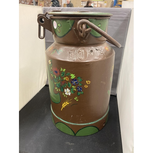 53 - AN OLD VINTAGE HANDPAINTED FARM MILK CHURN WITH LID