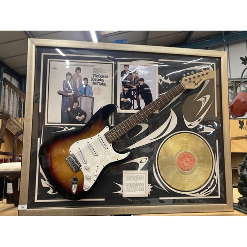 56 - A FRAMED BEATLES MONTAGE WHICH INCLUDES A 'LEGENDS' SIGNED GUITAR, GOLD DISC, PHOTOGRAPH, ALBUM COVE... 