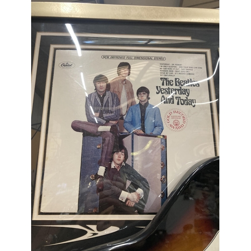 56 - A FRAMED BEATLES MONTAGE WHICH INCLUDES A 'LEGENDS' SIGNED GUITAR, GOLD DISC, PHOTOGRAPH, ALBUM COVE... 