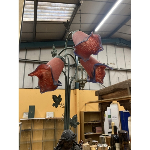 57 - AN ART DECO STYE LAMP WITH A BOY AND GIRL LOOKING AT BIRDS WITH THREE CIRAL COLOURED FLUTED SHADES