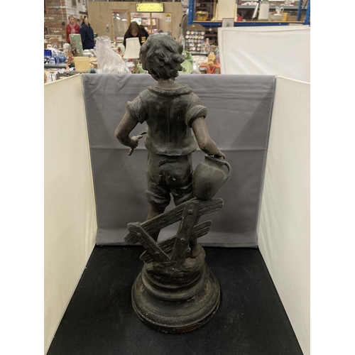 59 - A BRONZE EFFECT FIGURINE OF A BOY ON A PLINTH HEIGHT 47CM