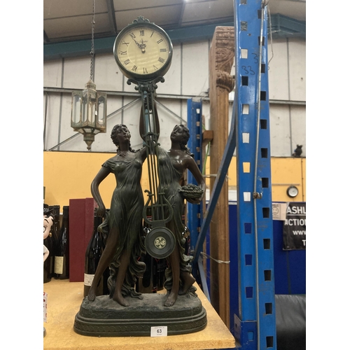 63 - A JULINANA QUARTZ FIGURAL MYSTERY PENDULUM CLOCK DEPICTING A PAIR OF BRONZED SEMI NUDE LADIES