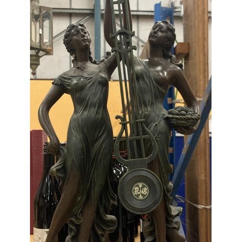 63 - A JULINANA QUARTZ FIGURAL MYSTERY PENDULUM CLOCK DEPICTING A PAIR OF BRONZED SEMI NUDE LADIES