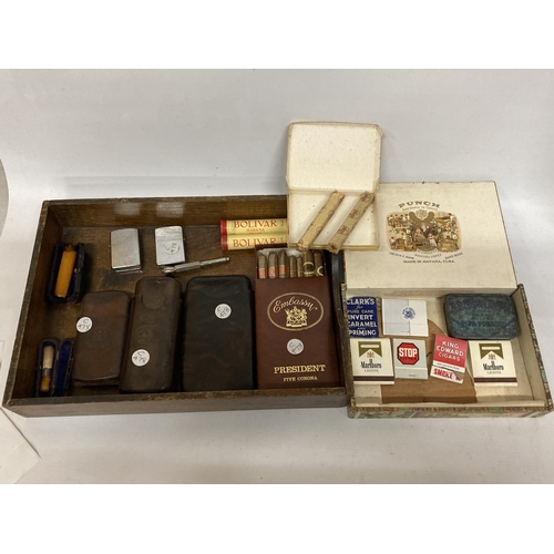 64 - A LARGE ASSORTMANT OF VINTAGE TOBACCO ITEMS TO INCLUDE TWO LEATHER CIGAR CASES, A CIGARETTE CASE, TW... 