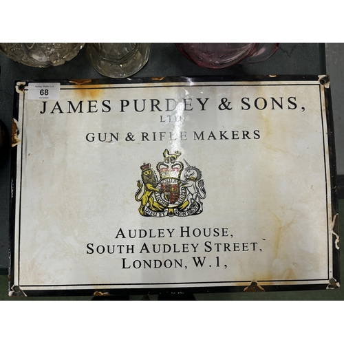 68 - AN ENAMEL JAMES PURDEY AND SONS GIN AND RIFLE MAKERS SIGN