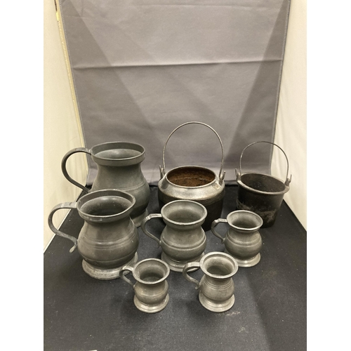 79 - FIVE PEWTER ITEMS TO INCLUDE SIX GRADUATED  TANKARDS ALL MARKED PINT, HALF PINT, GILL, HALF GILL, QU... 