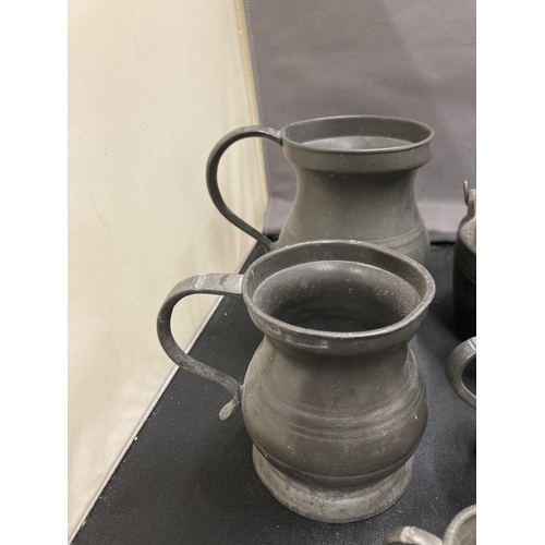 79 - FIVE PEWTER ITEMS TO INCLUDE SIX GRADUATED  TANKARDS ALL MARKED PINT, HALF PINT, GILL, HALF GILL, QU... 