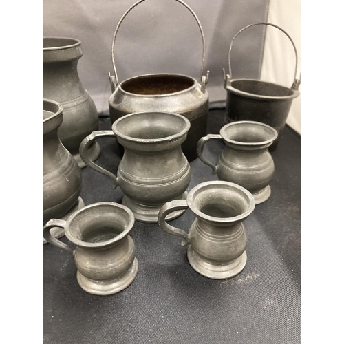 79 - FIVE PEWTER ITEMS TO INCLUDE SIX GRADUATED  TANKARDS ALL MARKED PINT, HALF PINT, GILL, HALF GILL, QU... 