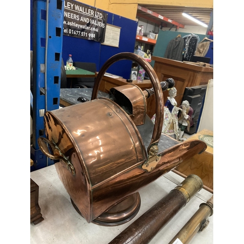 8 - A LARGE COPPER AND BRASS COAL SCUTTLE AND INTEGRATED SHOVEL