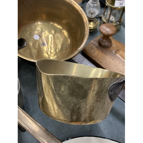 89 - FOUR VARIOUS VINTAGE BRASS AND COPPER PANS