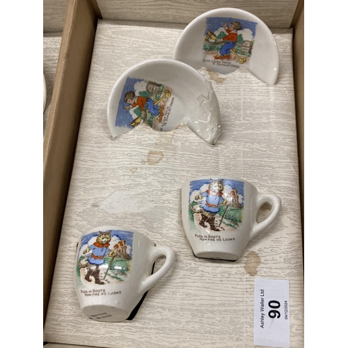 90 - A 1950'S CHILDS BOXED AMERSHAM NURSERY RHYME TEASET COMPRISING OF FOUR CUPS AND SAUCERS, TEAPOT, MIL... 