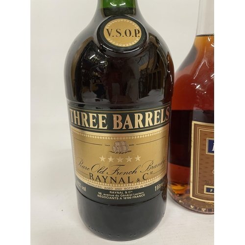 486 - A LITRE BOTTLE OF V.S.O.P THREE BARREWLS RARE OLD FRENCH BRANDY TOGETHER WITH A 70 CL BOTTLE OF MART... 