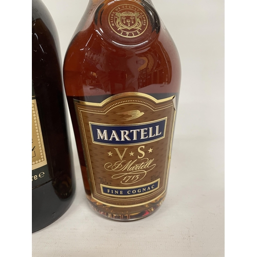 486 - A LITRE BOTTLE OF V.S.O.P THREE BARREWLS RARE OLD FRENCH BRANDY TOGETHER WITH A 70 CL BOTTLE OF MART... 