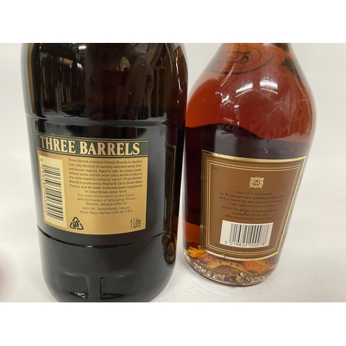 486 - A LITRE BOTTLE OF V.S.O.P THREE BARREWLS RARE OLD FRENCH BRANDY TOGETHER WITH A 70 CL BOTTLE OF MART... 