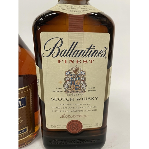 498 - A LITRE BOTTLE OF BALLANTINE'S FINEST SCOTCH WHISKY TOGETHER WITH A 70CL BOTTLE OF MARTELL V S FINE ... 