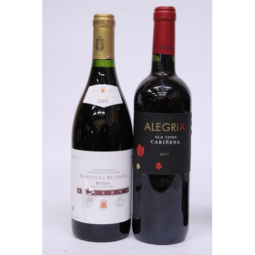 513 - SIX BOTTLES OF RED WINE TO INCLUDE ALEGRIA OLD VINES 2011, LE GRAN CHAI 2007, MARTINEZ BUJANDA RIOJA... 