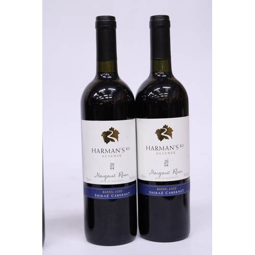 529 - SIX BOTTLES OF RED WINE TO INCLUDE TWO BOTTLES OF HARMAN'S ROAD RESERVE 2004 MARGARET RIVER, CASELLA... 