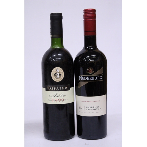 534 - SIX BOTTLES OF RED WINE TO INCLUDE FAIRVIEW 1999, NEDERBURG 2010, KWV ROODEBERG 2000, BARON DE LESTA... 