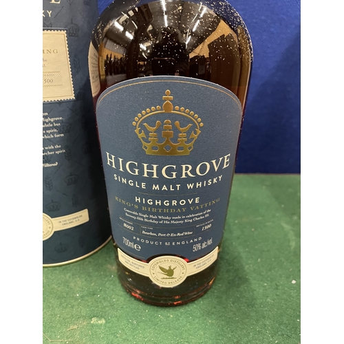 549 - A LIMITED EDITION BOTTLE OF HIGHGROVE SINGLE MALT WHISKY KINGS BIRTHDAY 002/1500 IN A PRESNTATION TU... 