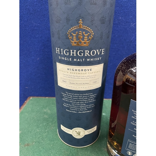 549 - A LIMITED EDITION BOTTLE OF HIGHGROVE SINGLE MALT WHISKY KINGS BIRTHDAY 002/1500 IN A PRESNTATION TU... 