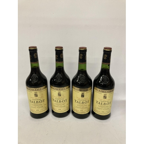 588 - FOUR BOTTLES OF CORDIER GRAND CRU CLASSE CHATEAU TALBOT 1978 BORDEAUX RED WINE