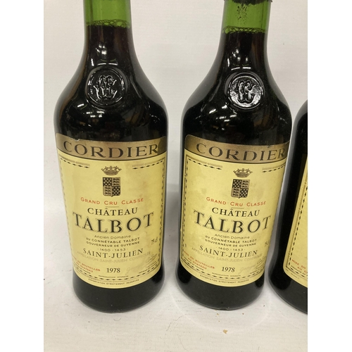 588 - FOUR BOTTLES OF CORDIER GRAND CRU CLASSE CHATEAU TALBOT 1978 BORDEAUX RED WINE