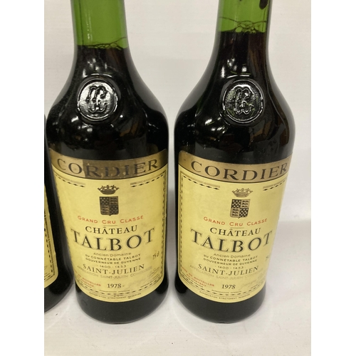 588 - FOUR BOTTLES OF CORDIER GRAND CRU CLASSE CHATEAU TALBOT 1978 BORDEAUX RED WINE