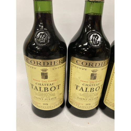 589 - FOUR BOTTLES OF CORDIER GRAND CRU CLASSE CHATEAU TALBOT 1978 BORDEAUX RED WINE