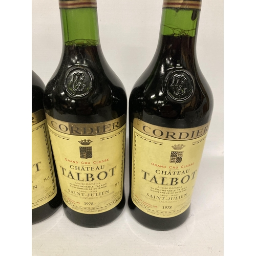 589 - FOUR BOTTLES OF CORDIER GRAND CRU CLASSE CHATEAU TALBOT 1978 BORDEAUX RED WINE