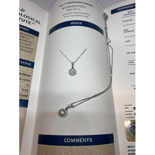 614 - AN 18 CARAT WHITE GOLD HALLMARKED PENDANT WITH CHAIN SET WITH A ROUND BRILLIANT CUT NATURAL DIAMOND ... 