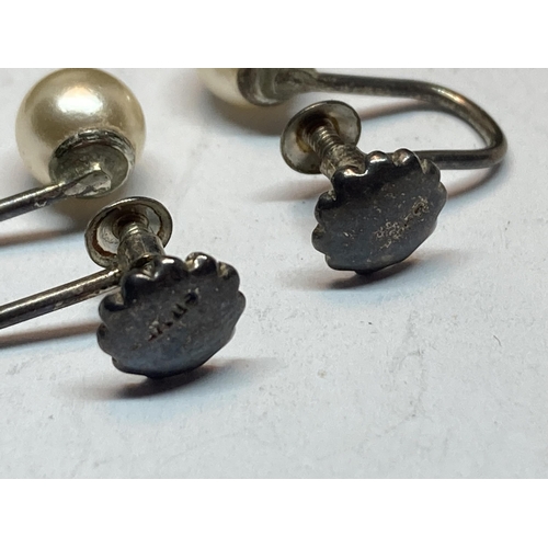 729 - A PAIR OF MARKED SILVER AND PEARL SCREW BACK EARRINGS IN A PRESENTATION BOX