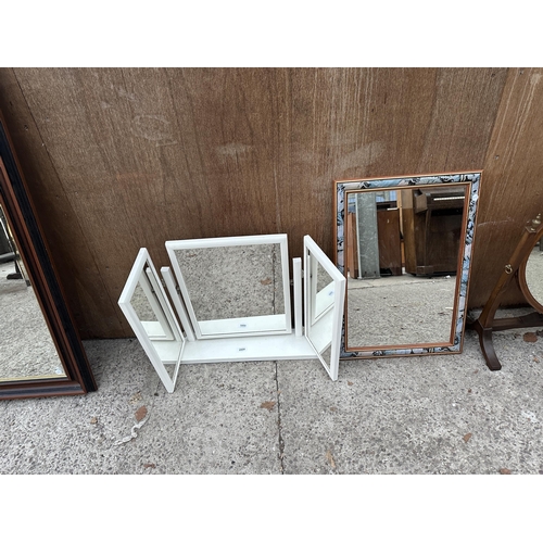 2900 - A WALL MIRROR AND WHITE TRIPLE DRESSING TABLE MIRROR